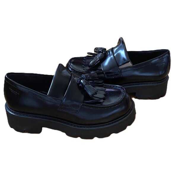 NWOT Vagabond Cosmo Black Polished Leather Chunky platform Loafer Shoes Tassel - Picture 14 of 16
